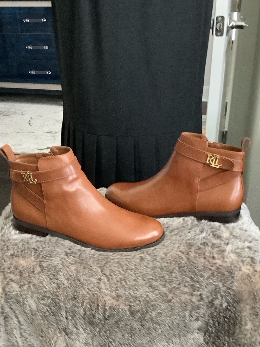 Ralph Lauren Cognac Leather Ankle Booties with RL Hardware